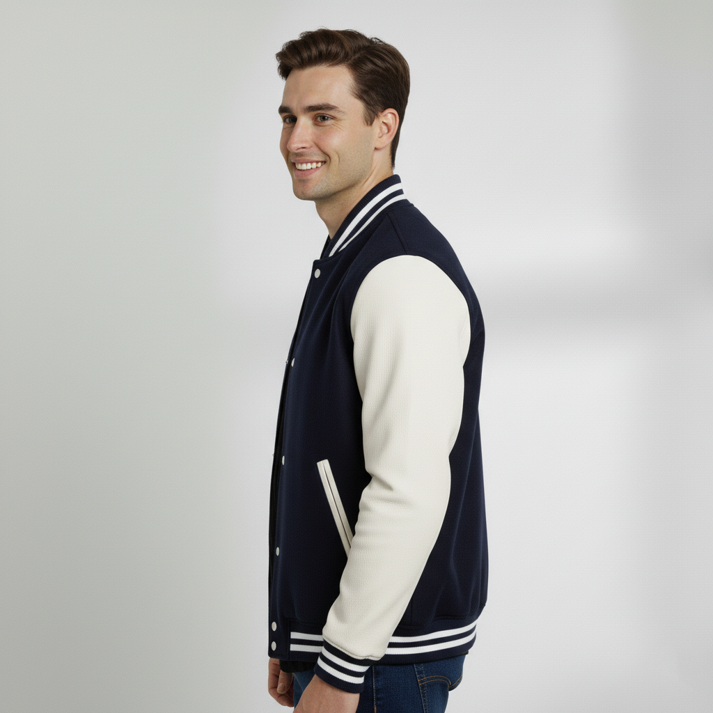 Varsity Vogue Letterman: Navy Blue Varsity Jacket with White sleeves Varsity Vogue