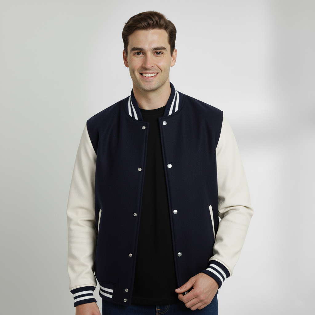 Varsity Vogue Letterman: Navy Blue Varsity Jacket with White sleeves Varsity Vogue