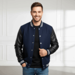 Varsity Vogue Letterman: Navy Blue Varsity Jacket with black sleeves Varsity Vogue