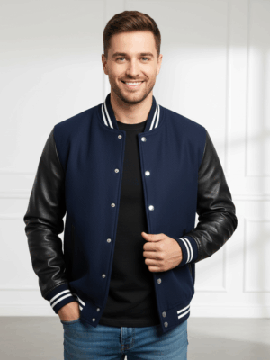 Varsity Vogue Letterman: Navy Blue Varsity Jacket with black sleeves Varsity Vogue