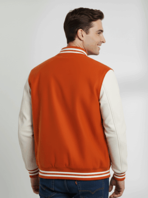 Varsity Vogue Letterman: Orange Varsity Jacket with White sleeves Varsity Vogue