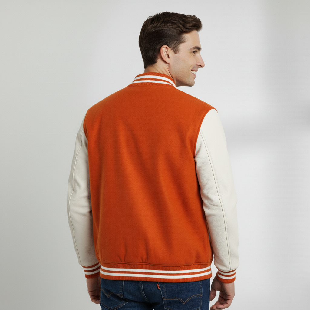 Varsity Vogue Letterman: Orange Varsity Jacket with White sleeves Varsity Vogue