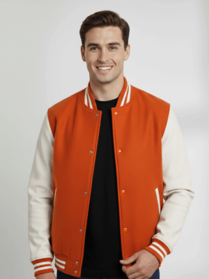Varsity Vogue Letterman: Orange Varsity Jacket with White sleeves Varsity Vogue