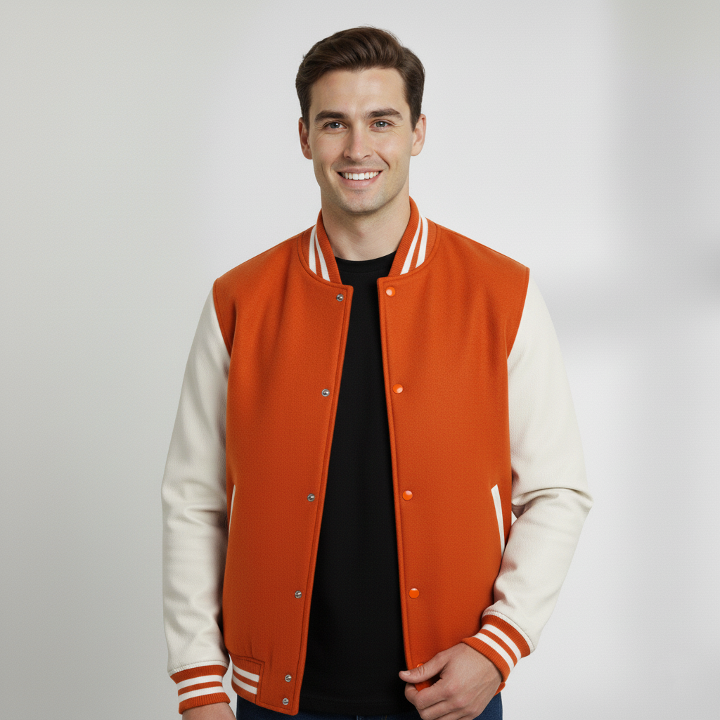 Varsity Vogue Letterman: Orange Varsity Jacket with White sleeves Varsity Vogue