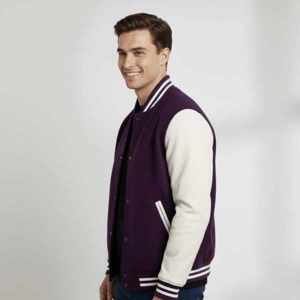 Varsity Vogue Letterman: Purple Varsity Jacket with White sleeves Varsity Vogue
