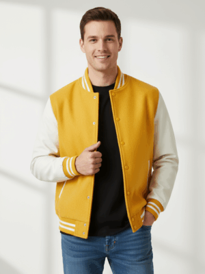 Varsity Vogue Letterman: Yellow Varsity Jacket with White sleeves Varsity Vogue