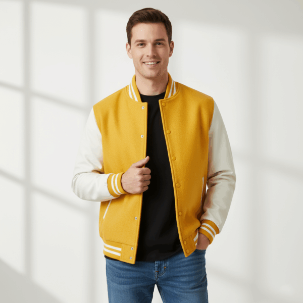 Varsity Vogue Letterman: Yellow Varsity Jacket with White sleeves Varsity Vogue